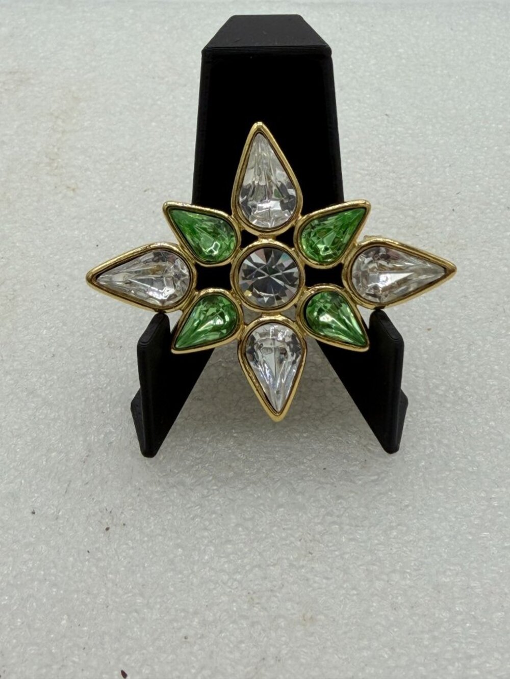 Vintage 8 Point North Star Brooch Pin Green Clear Rhinestones